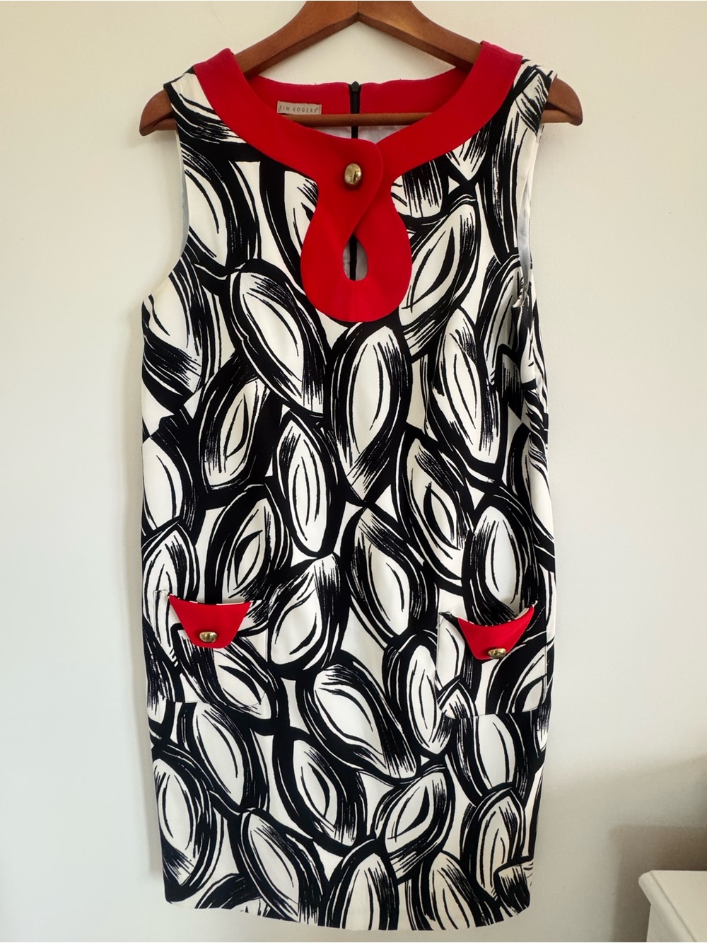 Black & White Sleeveless Dress with Red Trim and Gold Button Accents